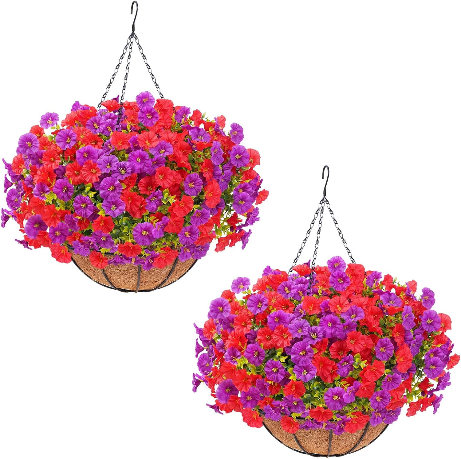 Artificial Hanging Flowers for Outdoors, Fake Flowers Artificial Petunias Hanging Baskets for Outdoors, UV Resistant Fake Hanging Plants Flowers for Outside Garden Patio Porch Decor