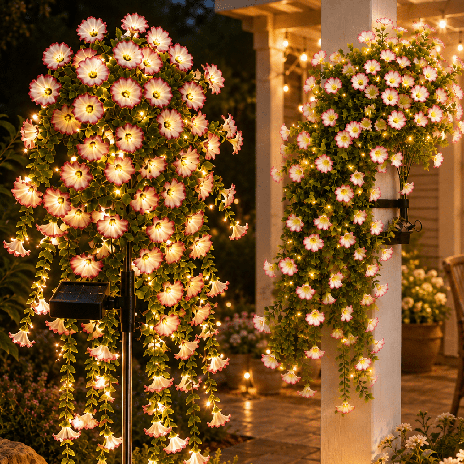 Artificial Hanging Flowers for Outdoors, Solar LED Fake Hanging Plants, No Fade Morning Glory Faux Flowers for Porch, Railings, Patio and Garden Decor