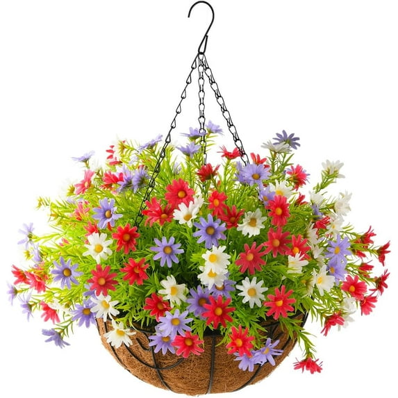 Artificial Hanging Flowers for Outdoors Spring Decoration,Faux Silk Chrysanthemum,Hanging Planters in 12 inch Coconut Lining Basket for Home Outside Porch Decor
