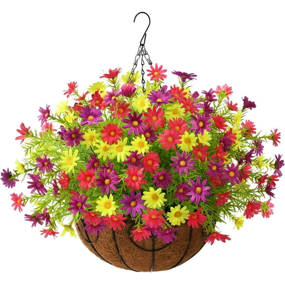 Artificial Hanging Flowers for Outdoors Spring Decoration,Faux Silk Chrysanthemum,Hanging Planters in 12 inch Coconut Lining Basket for Home Outside Porch Decor