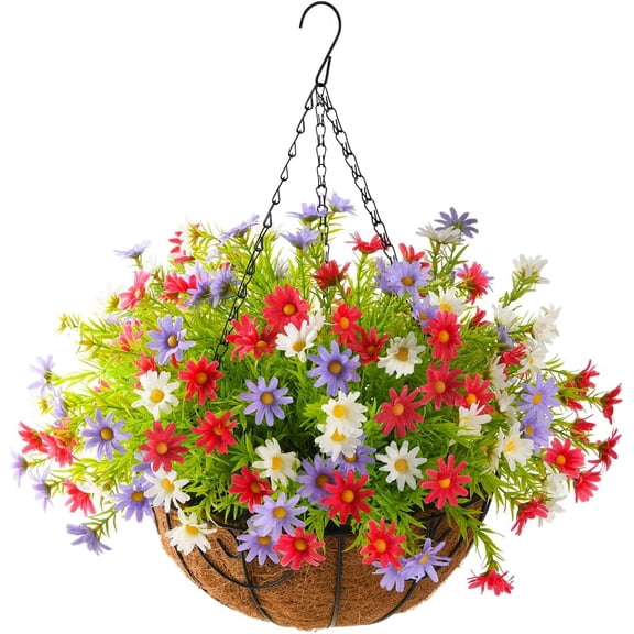 Artificial Hanging Flowers for Outdoors Spring Decoration,Faux Silk Chrysanthemum,Hanging Planters in inch Coconut Lining Basket for Home Outside Porch Decor(Rose Red)