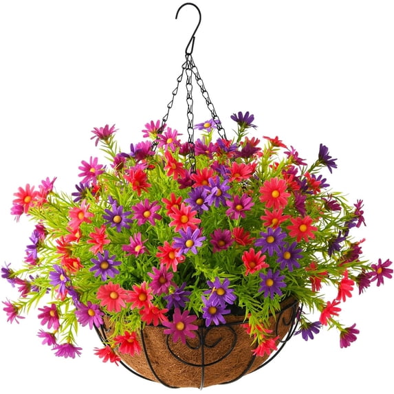 Artificial Hanging Flowers for Outdoors Spring Decoration,Faux Silk Chrysanthemum,Hanging Planters in inch Coconut Lining Basket for Home Outside Porch Decor(Rose Red)