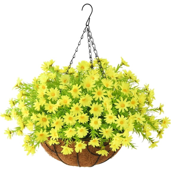 Artificial Hanging Flowers for Outdoors Spring Decoration,Faux Silk Chrysanthemum,Hanging Planters in inch Coconut Lining Basket for Home Outside Porch Decor(Rose Red)