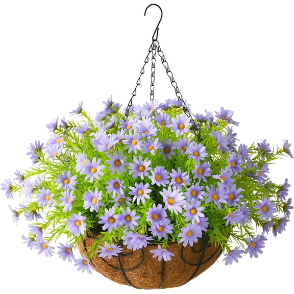 Artificial Hanging Flowers for Outdoors Spring Decoration,Faux Silk Chrysanthemum,Hanging Planters in inch Coconut Lining Basket for Home Outside Porch Decor(Rose Red)