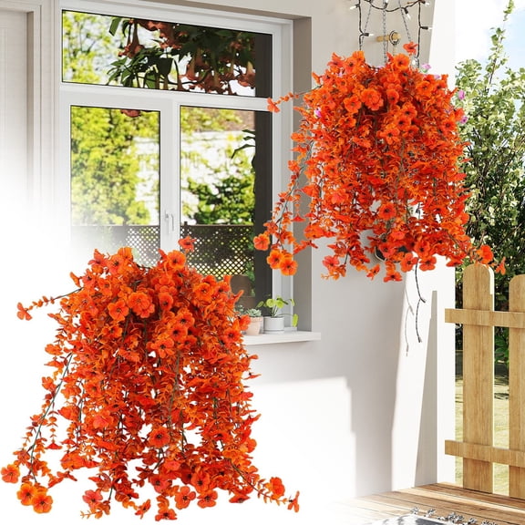 Artificial Hanging Flowers for Outdoors Spring Summer Decoration, 1PCS UV Resistant Silk Fake Hanging Plants for Patio Porch Front Yard Window Garden Indoor Decor(Orangerple)