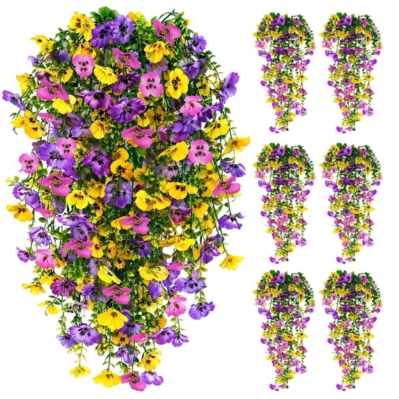 Artificial Hanging Pansy Flowers 6 Pcs Faux Silk Outdoor Flowers Yellow Pink Purple UV Resistant Fake Plants for Porch Planter Decor