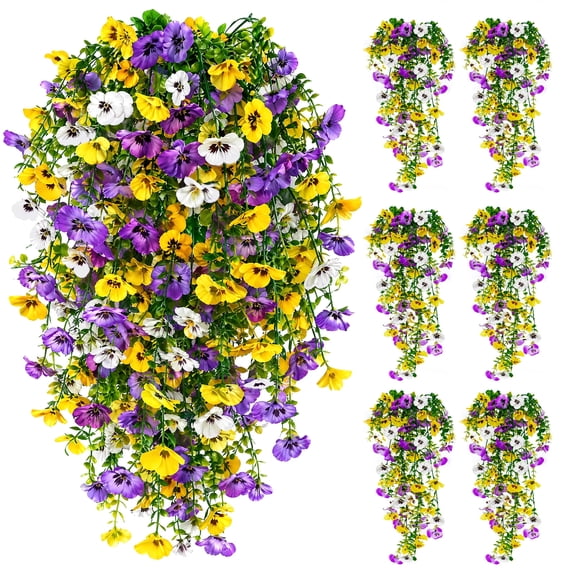 Artificial Hanging Flowers for Outdoors Spring Summer Decoration,6PCS UV Resistant Silk Fake Hanging Plants for Patio Porch Front Yard Window Garden Indoor Decor Yellow,White and Purple,6PCS