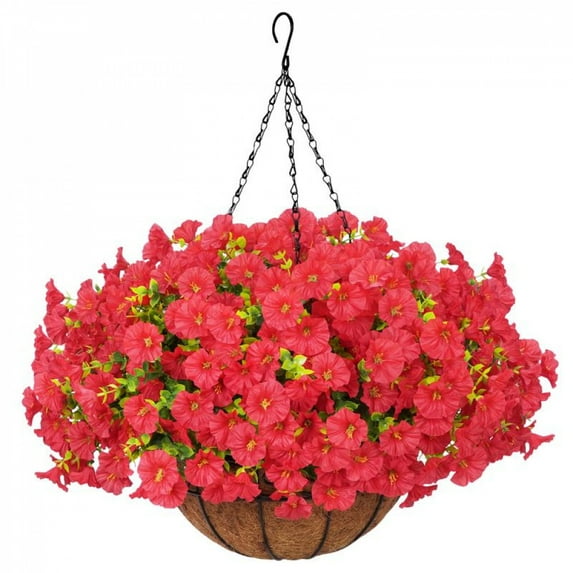 Artificial Hanging Flowers for Outdoors, UV Resistant Fake Flowers with Hanging Baskets, Artificial Flowers for Decoration Outdoors Garden, Spring Decor for Patio Porch (With Basket)