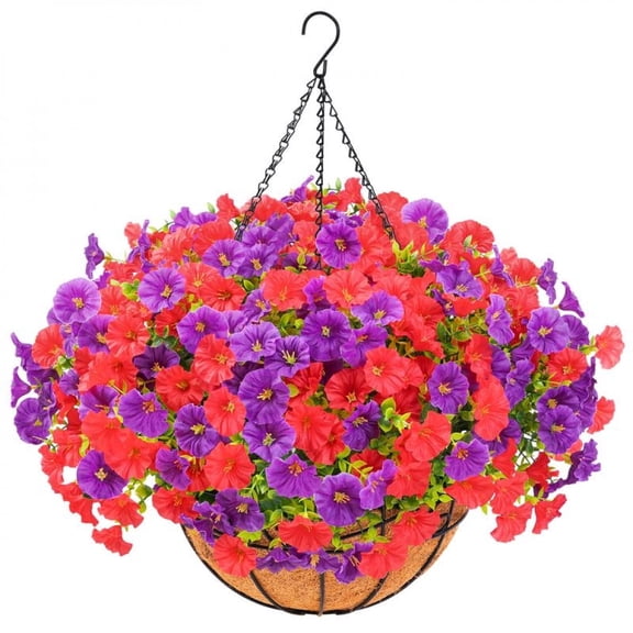 Artificial Hanging Flowers for Outdoors, UV Resistant Fake Flowers with Hanging Baskets, Artificial Flowers for Decoration Outdoors Garden, Spring Decor for Patio Porch (With Basket)