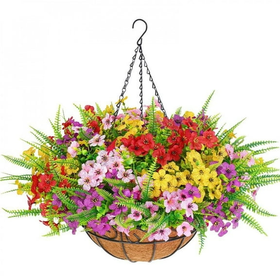 Artificial Hanging Flowers for Outdoors, UV Resistant Fake Flowers with Hanging Baskets, Artificial Flowers for Decoration Outdoors Garden, Spring Decor for Patio Porch (With Basket)