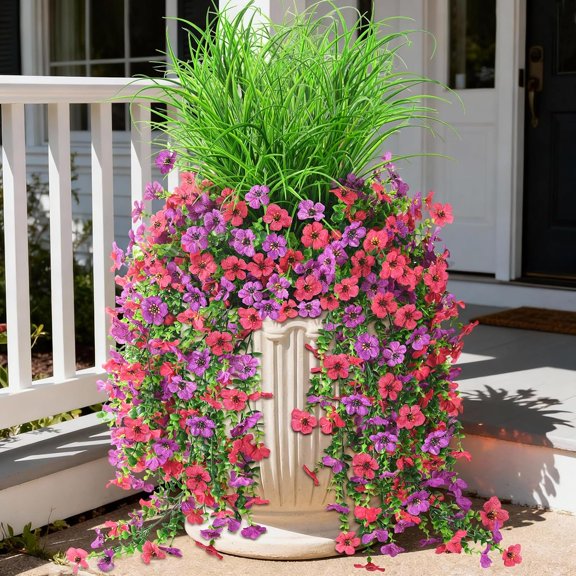 Artificial Hanging Flowers for Outdoors with Wheat Grass, 5 Pcs Fake Hanging Plants for Spring Decor, UV Resistant Faux Silk Flower Greenry for Planter Porch Patio Yard Garden(Purple Hot Pink)