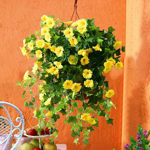 Artificial Hanging Flowers for Outdoors, Yellow Silk Morning Glory Fake Flowers UV Resistant Faux Petunias Hanging Artificial Plants Trailing Vines for Porch Garden Spring Summer Planter Decor