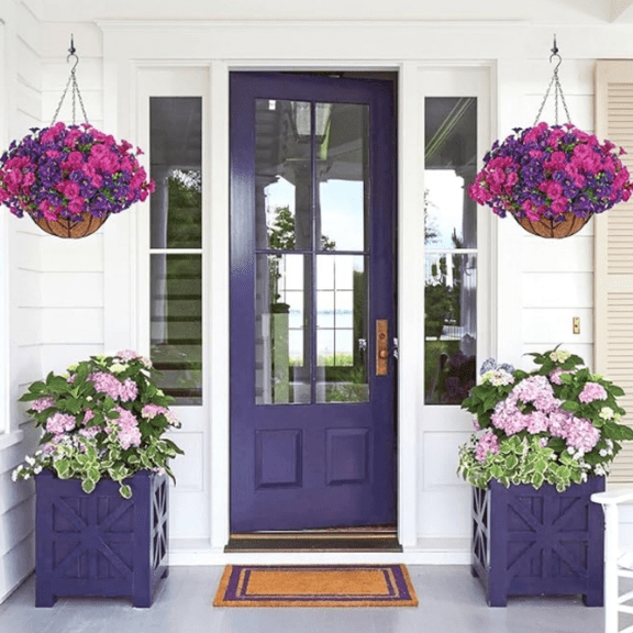 Artificial Hanging Flowers Plants Basket for Outdoors Indoor, 2 Set Faux Silk Purple Fuchsia Morning Glory Fake Eucalyptus Planters UV Resistant Spring Summer for Decor Home Garden Porch Patio