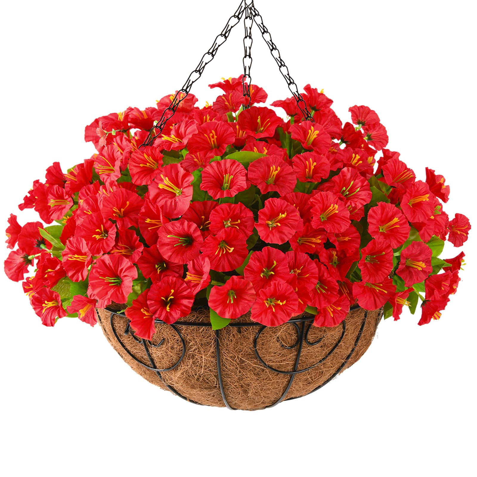 Artificial Hanging Flowers Plants with Basket for Outdoors Spring Decoration,Fake Petunias Flowers