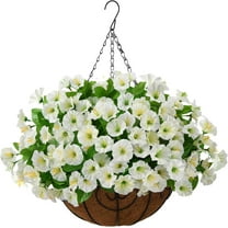 Artificial Hanging Flowers,Silk Flower 12 inch Flowerpot Centerpieces,Fake Hanging Plants in Coconut Lining Hanging Baskets for Outdoors Indoors Courtyard Spring Decoration(Green White)