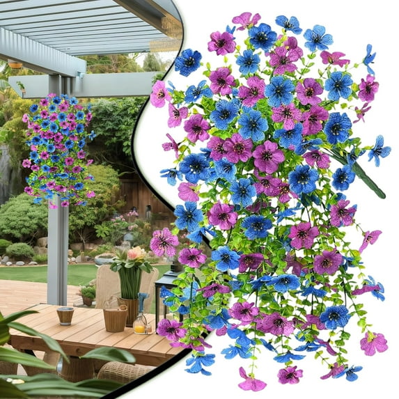 Artificial Hanging Flowers, UV Resistant Plants for Outdoor Decor, Faux Flowers for Planters,Cascading Plants, Faux Floral Stems for Porch, Blue + Purple