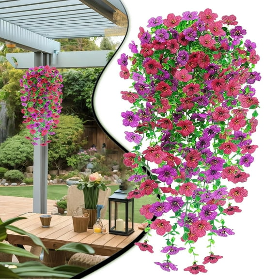 Artificial Hanging Flowers, UV Resistant Plants for Outdoor Decor, Faux Flowers for Planters,Cascading Plants, Faux Floral Stems for Porch, Purple + Rose Red