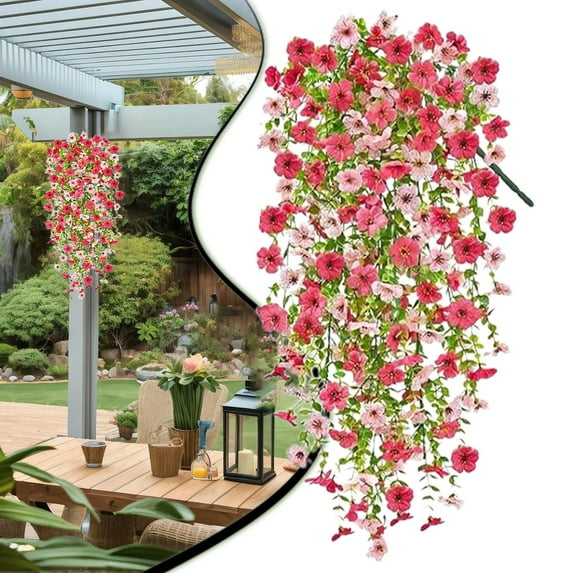 Artificial Hanging Flowers, UV Resistant Plants for Outdoor Decor, Faux Flowers for Planters,Cascading Plants, Faux Floral Stems for Porch, Rose Red + Pink