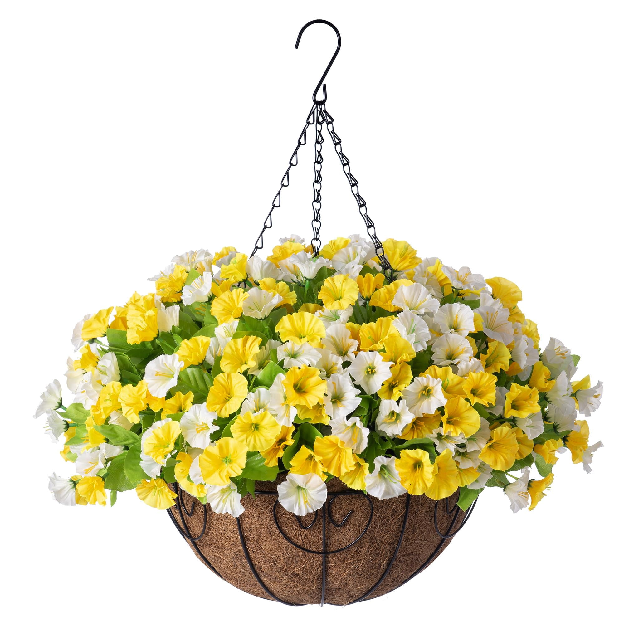 Artificial Hanging Flowers in 12 inch Basket,Morning Glories Fake Plants Patio Garden Porch Deck Decor