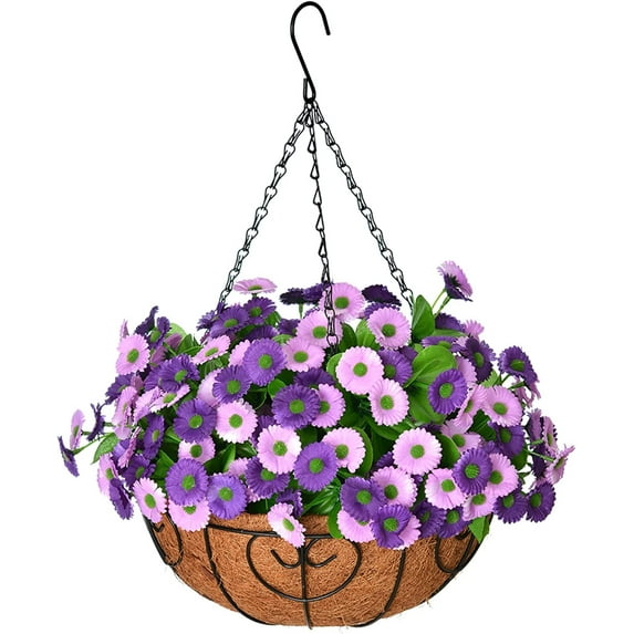 Artificial Hanging Flowers in Basket,12inch Silk Flower Coconut Lining Hanging Baskets for Outdoors Indoors Courtyard Spring Decoration(Purple)