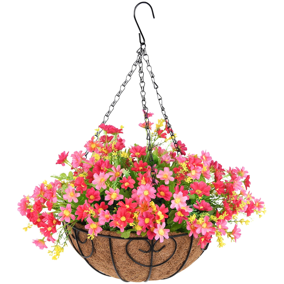 Artificial Hanging Flowers in Basket Outdoor Indoor Patio Lawn Garden Decor, Hanging Daisy Basket with 12inch Coconut Lining Chain Flowerpot (Pink)