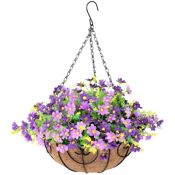 Artificial Hanging Flowers in Basket Outdoor Indoor Patio Lawn Garden Decor, Hanging Daisy Basket with 12inch Coconut Lining Chain Flowerpot (Purple)