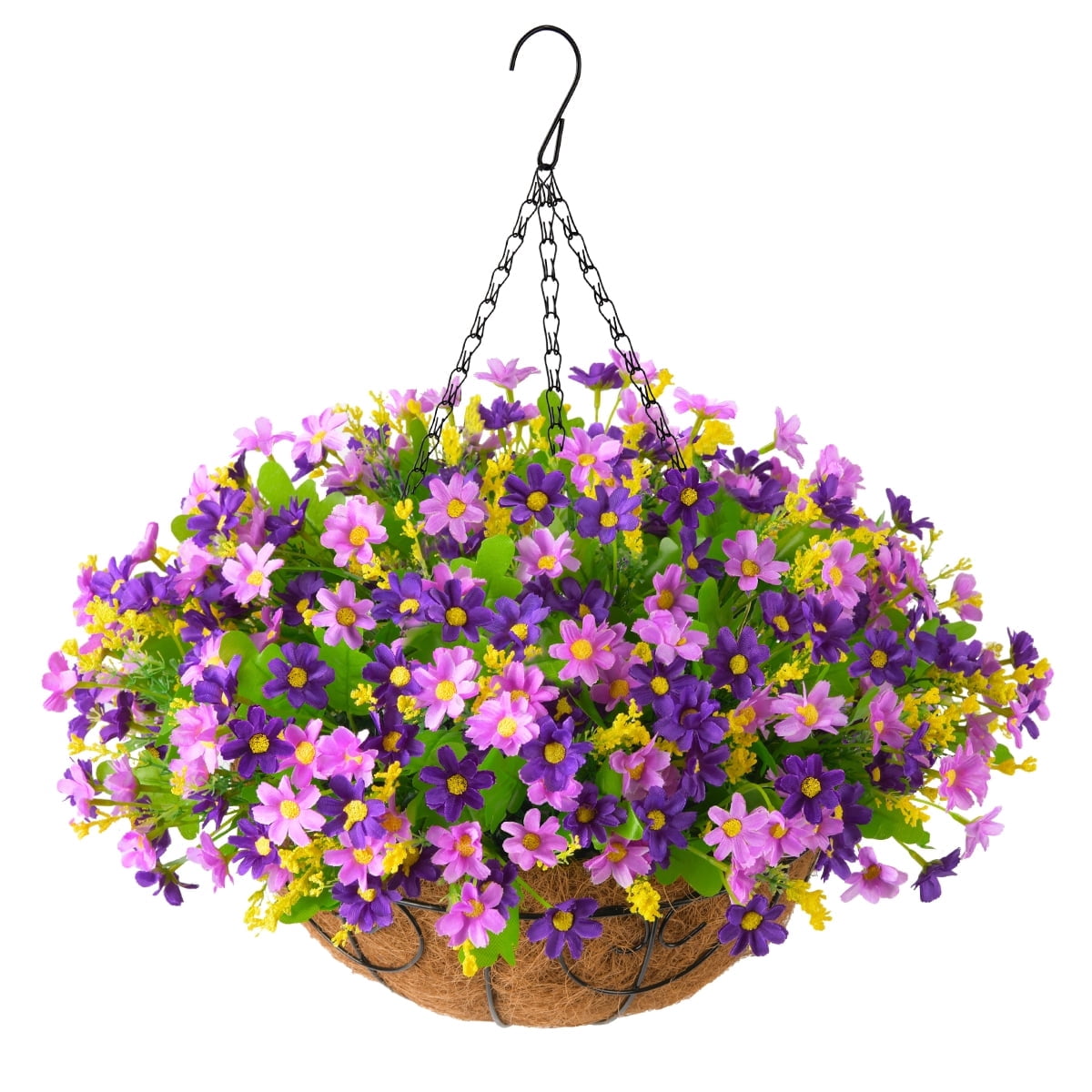 Artificial Hanging Flowers in Basket Outdoor Indoor Patio Lawn Garden Decor, Hanging Daisy Basket with 12inch Coconut Lining Chain Flowerpot (Purple)