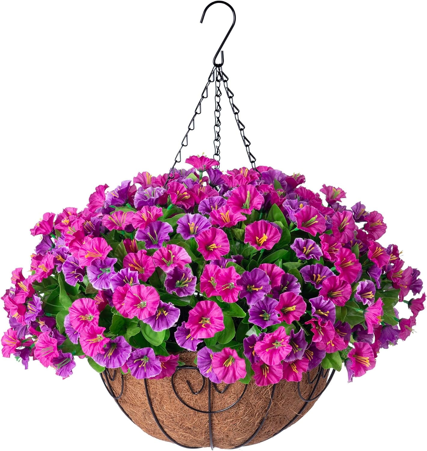 Artificial Hanging Flowers inch Basket, Faux Silk Petunias Flower Arrangement,Coconut Lining Planter with Morning Glories Plants Patio Garden Porch Deck Spring Decor(Lotus and Fuchsia)