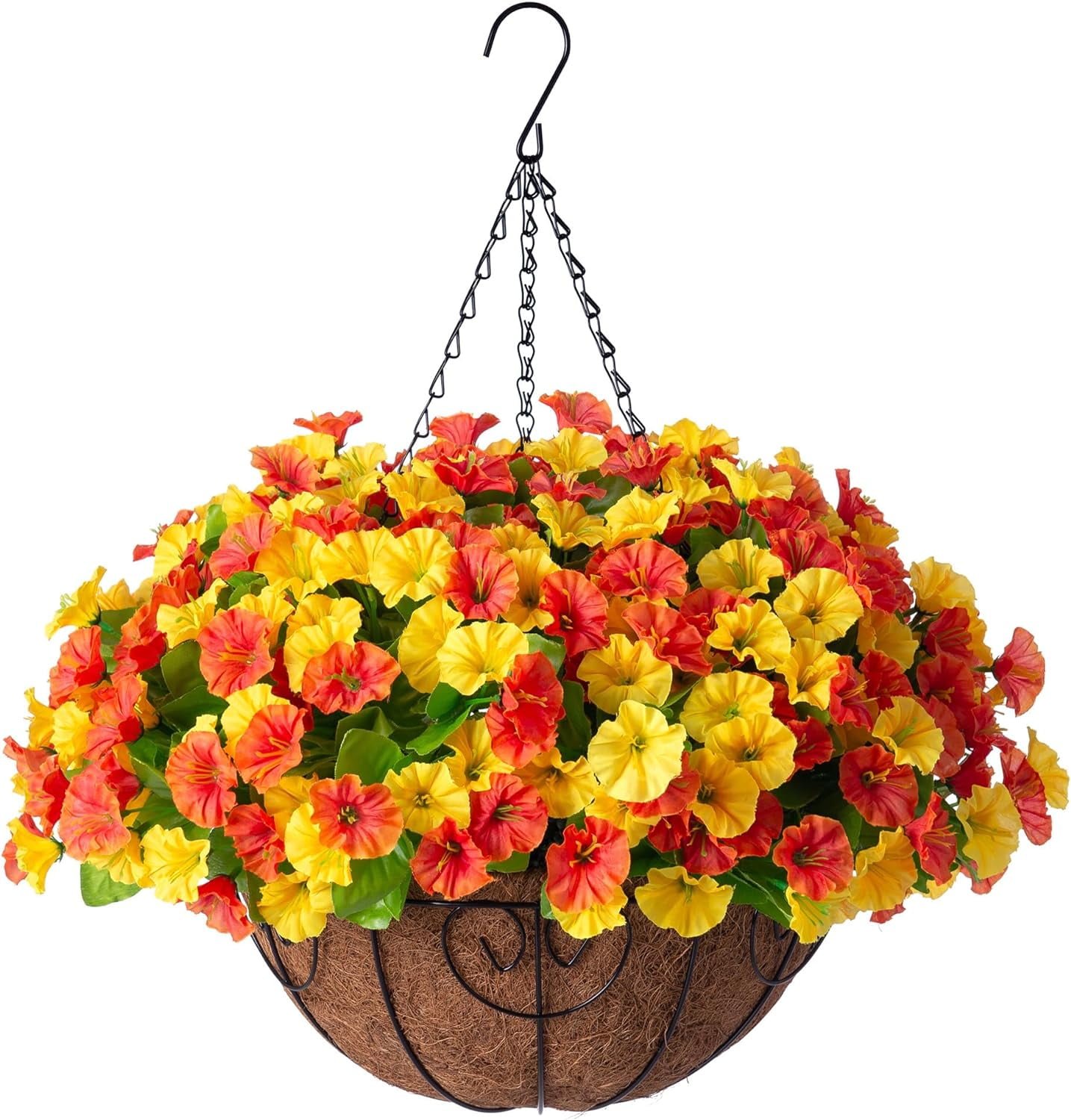 Artificial Hanging Flowers inch Basket, Faux Silk Petunias Flower Arrangement,Coconut Lining Planter with Morning Glories Plants Patio Garden Porch Deck Spring Decor(Lotus and Fuchsia)