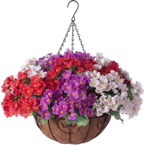 Artificial Hanging Flowers inch Basket, Faux Silk Petunias Flower Arrangement,Coconut Lining Planter with Morning Glories Plants Patio Garden Porch Deck Spring Decor(Lotus and Fuchsia)