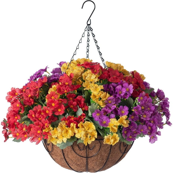 Artificial Hanging Flowers inch Basket, Faux Silk Petunias Flower Arrangement,Coconut Lining Planter with Morning Glories Plants Patio Garden Porch Deck Spring Decor(Lotus and Fuchsia)