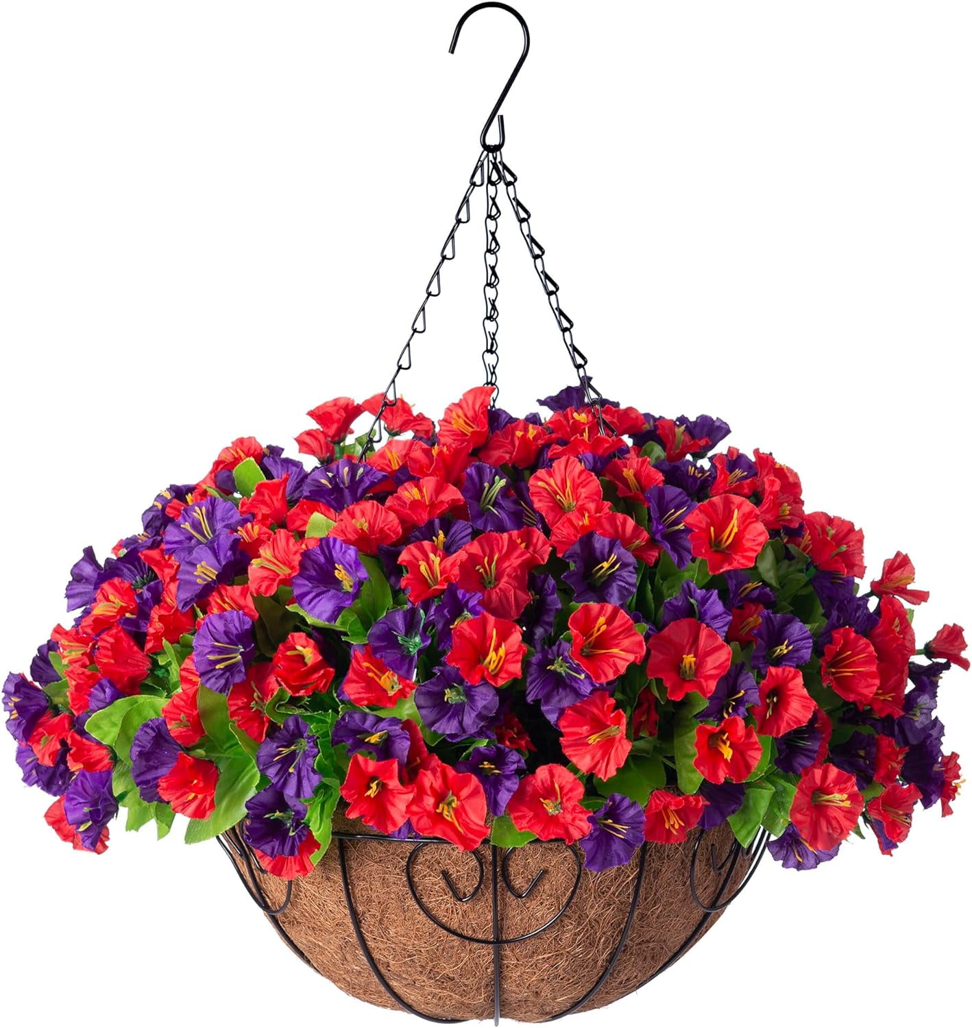 Artificial Hanging Flowers inch Basket, Faux Silk Petunias Flower Arrangement,Coconut Lining Planter with Morning Glories Plants Patio Garden Porch Deck Spring Decor(Lotus and Fuchsia)