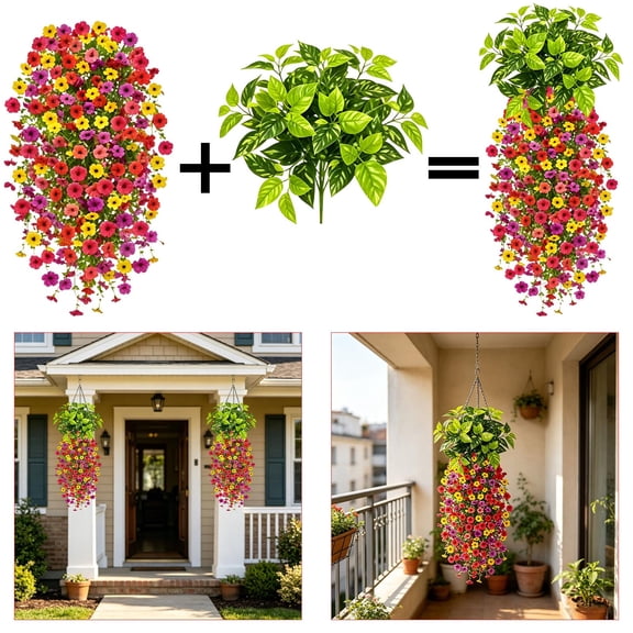 Artificial Hanging Flowers with Greenery, Fake Multicolor Morning Glory Vines for Outdoor Patio, Balcony & Porch Decor