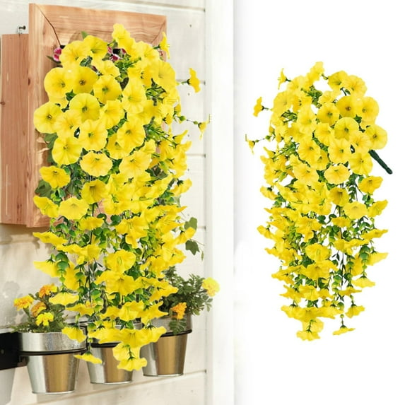 Artificial Hanging Morning Glory Flowers, 27.5 Inch Outdoor Hanging Vines, Realistic Faux Hanging Morning Glory Vines, UV Resistant Flower Vines for Outdoor Home Wedding Garden Yard (Yellow)