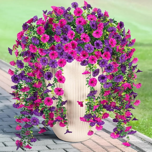 Artificial Hanging Petunias Flowers for Outdoor, 2pcs Fake Plants Long Vine Morning Glory Euc , UV Resistant Realistic Faux Greenery Indoor Outside Patio Porch Garden Spring Summer Decor, Purple