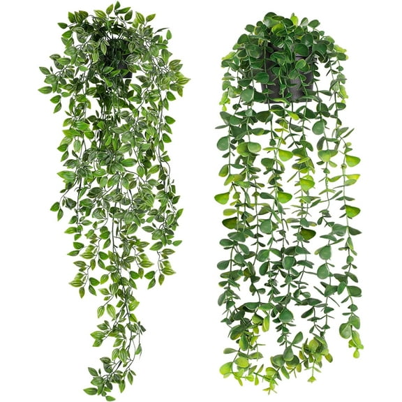 Artificial Hanging Plants, 2 Pack Fake Hanging Plant Fake Potted Greenery Plants Faux Eucalyptus Vine, Mandala Vine in Pot for Home Room Indoor Outdoor Shelf Decor