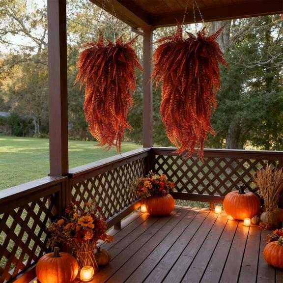 Artificial Hanging Plants 33 Inch | Persian Grass Ivy Vines Red Orange | Fall Wall Decor for Thanksgiving, Home Entryway, Doorframe, Maintenance-Free Realistic Plastic Foliage, Large Accent