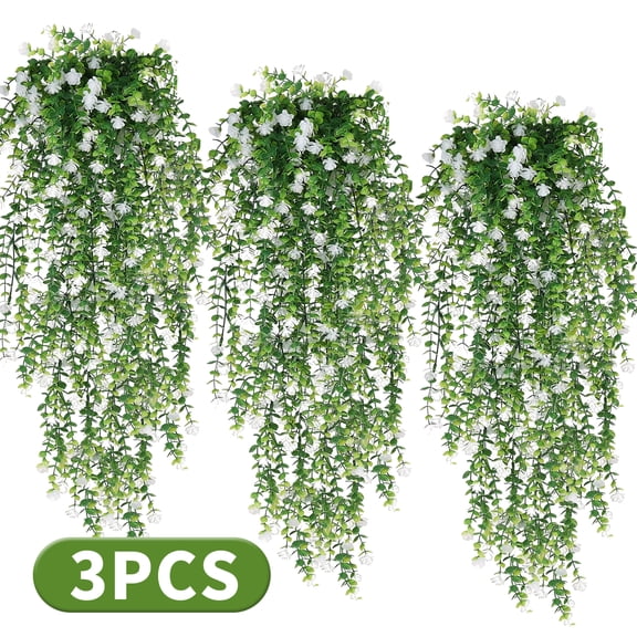 Artificial Hanging Plants Fake Faux Eucalyptus Leaf Greenery Vine for Home Garden Wedding Party Indoor Outdoor Decorations (white 3pcs)