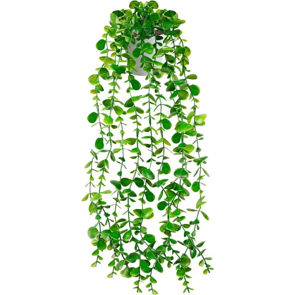 Artificial Hanging Plants, Fake Potted Greenery Plant Faux Eucalyptus Vine in White Pot Wall Room Home Indoor Outdoor Shelf Decor