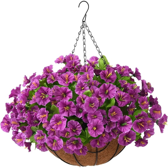 Artificial Hanging Plants Flowers Basket,Faux Silk Morning Glory Arrangement in inch Planter Flowerpot,Fake Hanging Flowers for Patio Garden Porch Deck Outdoor Spring Decor(Rose red)