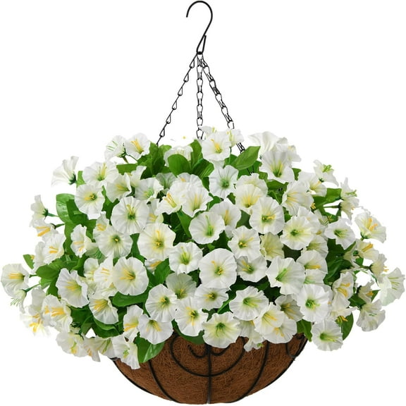 Artificial Hanging Plants Flowers Basket,Faux Silk Morning Glory Arrangement in inch Planter Flowerpot,Fake Hanging Flowers for Patio Garden Porch Deck Outdoor Spring Decor(Rose red)