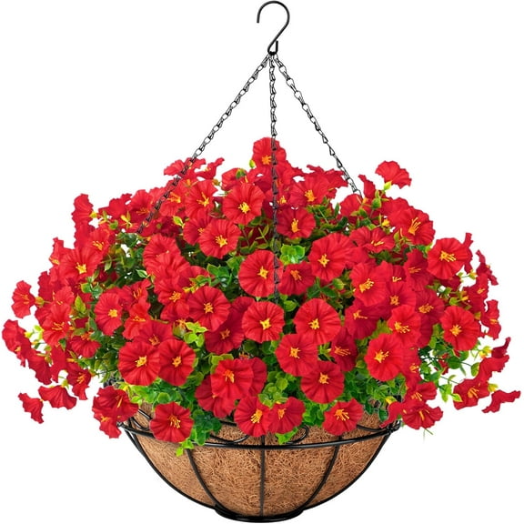 Artificial Hanging Plants Flowers Basket for Spring Summer Outdoor Decor, Fake Hanging Flowers Faux Silk Morning Glory UV Resistant for Patio Yard Porch Garden Home Decorations, Fuchsia