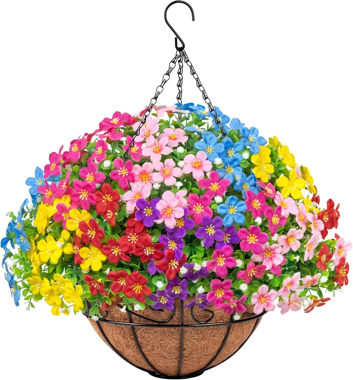 Artificial Hanging Plants Flowers with Basket for Spring Summer Outdoor Decoration, Fake Flowers UV Resistant with Hanging Planter for Front Porch Patio Garden Yard Home Decor, Multicolor