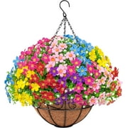 Artificial Hanging Plants Flowers with Basket for Spring Summer Outdoor Decoration, Fake Flowers UV Resistant with Hanging Planter for Front Porch Patio Garden Yard Home Decor, Multicolor