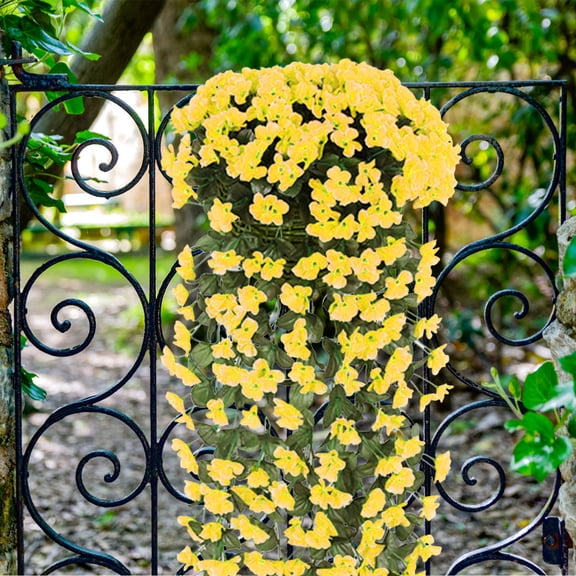 Artificial Hanging Plants,Hanging Flowers,Artificial Faux Hanging Flowers Plants Basket for Outdoor Outside Porch Decoration,UV Resistant Fake Silk Purple Morning Glory Trailing Vines(Yellow)