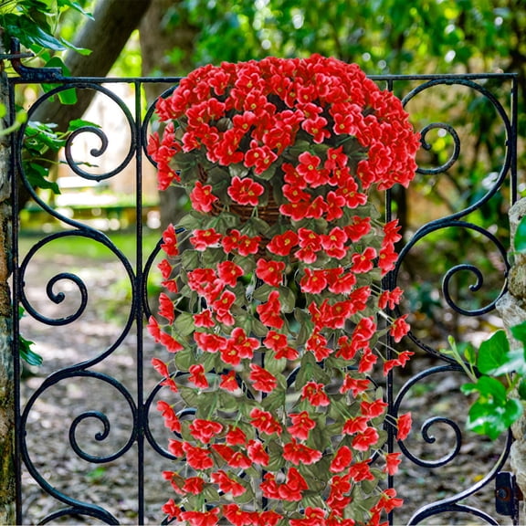 Artificial Hanging Plants,Hanging Flowers,Artificial Faux Hanging Flowers Plants Basket for Outdoor Outside Porch Decoration,UV Resistant Fake Silk Purple Morning Glory Trailing Vines(Red)