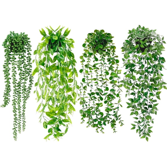 Artificial Hanging Plants for Shelf, 4 Pack Fake Potted Greenery Faux Eucalyptus Vine, Mandala Vine, String of Pearls,Pea pod Leaves in Pot for Office Living Room Bathroom Indoor Outdoor Dcor