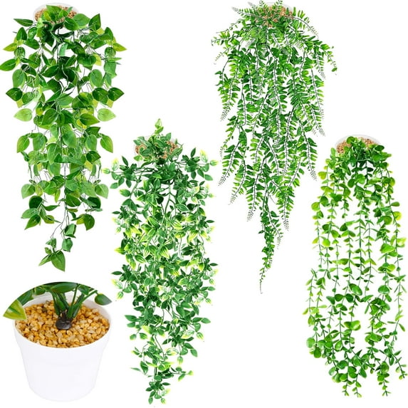 Artificial Hanging Plants for Shelf, 4 Pack Fake Potted Greenery Plant Faux Eucalyptus Vine, Mandala Vine,Ivy Vine,Persian Grass Fern in White Pot for Home Décor