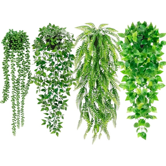 Artificial Hanging Plants for Shelf, 4 Pack Fake Potted Greenery Plant Faux Mandala Vine,String of Pearls,Ivy Vine,Persian Grass Fern in Pot for Home Room Indoor Outdoor Décor