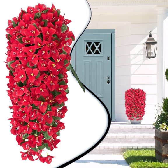 Artificial Hanging Red Azalea Flowers, UV Resistant No Fade Trailing Vines, Fake Flowers for Outdoor Fall Autumn Decor, Front Door Porch Patio Planter Home Wall Decoration